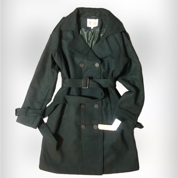 Gianni Bini(Dillards) Beautiful DarkGREEN Double Breasted Belt Waist Trench Coat - Picture 1 of 6
